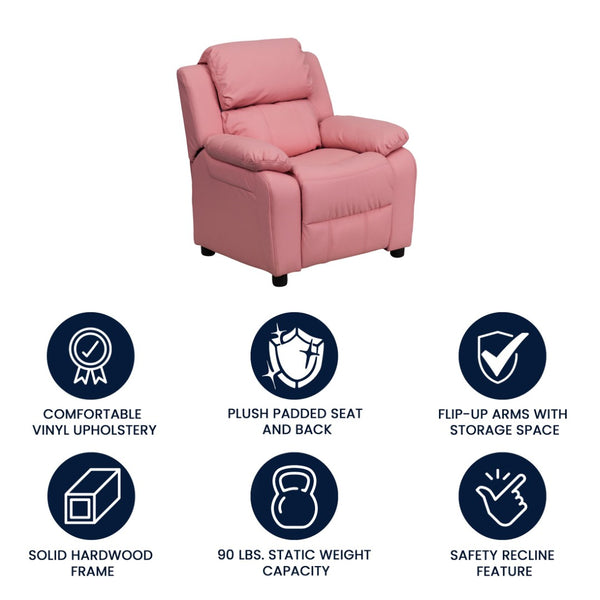 English Elm Charlie Deluxe Padded Kids Recliner with Storage Arms, Cozy Comfort for Playrooms & Living Spaces Pink Vinyl BT-7985-KID-PINK-GG