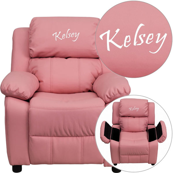 English Elm Personalized Deluxe Kids Recliner with Storage Arms – Cozy Comfort for Reading, Games, and Relaxation Pink Vinyl BT-7985-KID-PINK-TXTEMB-GG