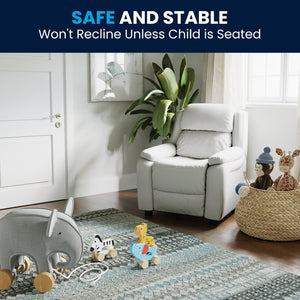 English Elm Charlie Deluxe Padded Kids Recliner with Storage Arms, Cozy Comfort for Playrooms & Living Spaces White Vinyl BT-7985-KID-WHITE-GG