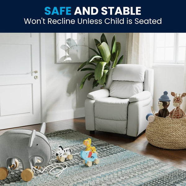 English Elm Charlie Deluxe Padded Kids Recliner with Storage Arms, Cozy Comfort for Playrooms & Living Spaces White Vinyl BT-7985-KID-WHITE-GG