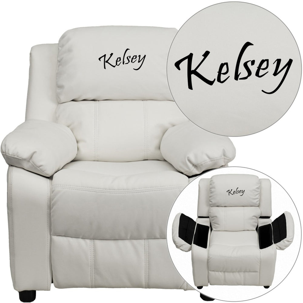 English Elm Personalized Deluxe Kids Recliner with Storage Arms – Cozy Comfort for Reading, Games, and Relaxation White Vinyl BT-7985-KID-WHITE-TXTEMB-GG