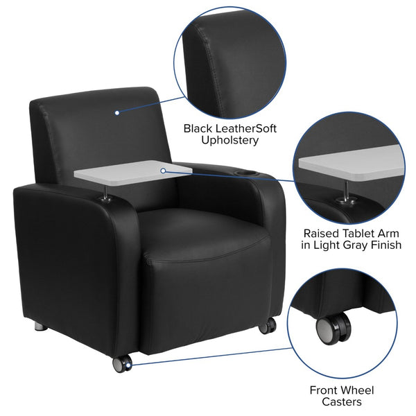 English Elm George LeatherSoft Guest Chair with Swing-Away Tablet Arm, Cup Holder & Easy-Move Casters for Comfort Black BT-8217-BK-CS-GG