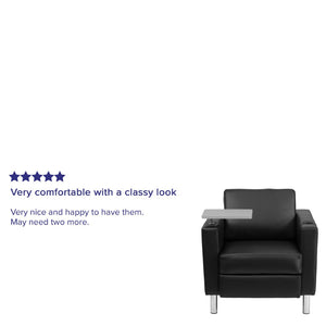 English Elm George Black LeatherSoft Guest Chair with Tablet Arm, Chrome Legs, Cup Holder for Modern Comfort BT-8219-BK-GG