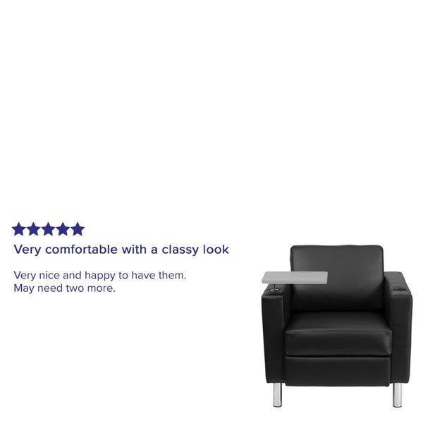 English Elm George Black LeatherSoft Guest Chair with Tablet Arm, Chrome Legs, Cup Holder for Modern Comfort BT-8219-BK-GG