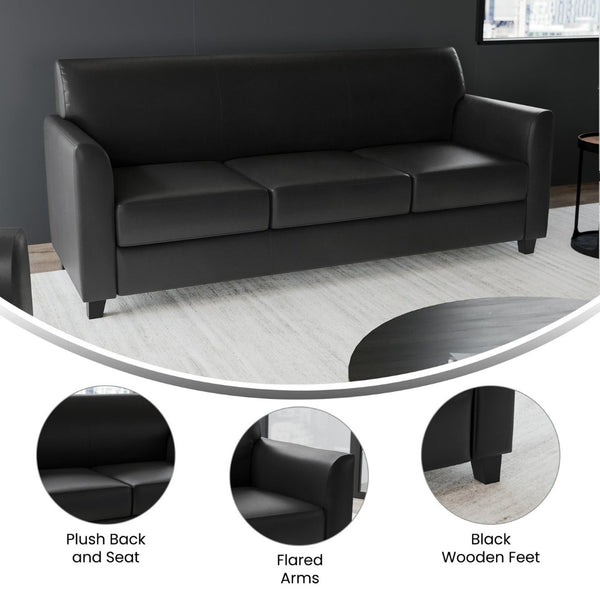 English Elm HERCULES Diplomat Series Modern LeatherSoft Sofa for Stylish Reception Areas and Executive Offices Black BT-827-3-BK-GG