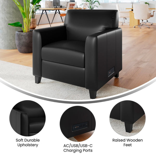 English Elm Agent Black LeatherSoft Reception Chair with Charging Hub, 2 Outlets & 2 USB Ports for Convenience BT-827U-1-BK-GG