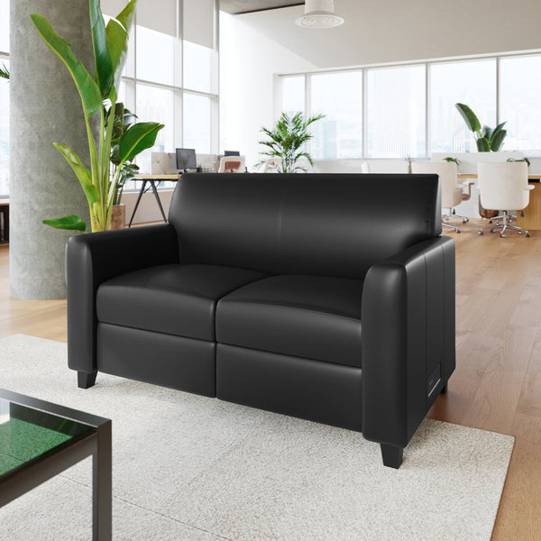 English Elm Agent Black LeatherSoft Loveseat with Charging Bank & Outlets - Modern Comfort for Reception Areas BT-827U-2-BK-GG