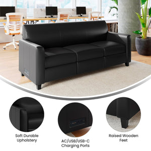 English Elm Agent Black LeatherSoft Reception Sofa with Charging Stations, Stylish Design for Modern Offices BT-827U-3-BK-GG