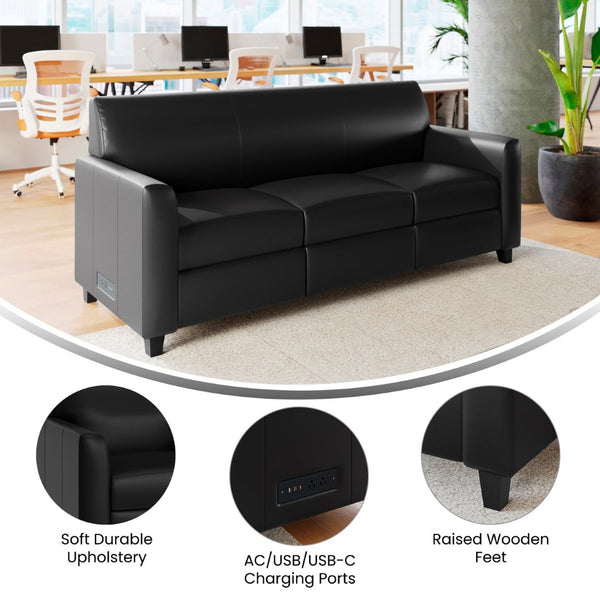 English Elm Agent Black LeatherSoft Reception Sofa with Charging Stations, Stylish Design for Modern Offices BT-827U-3-BK-GG