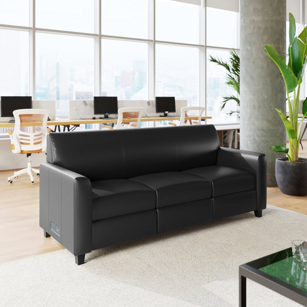 English Elm Agent Black LeatherSoft Reception Sofa with Charging Stations, Stylish Design for Modern Offices BT-827U-3-BK-GG