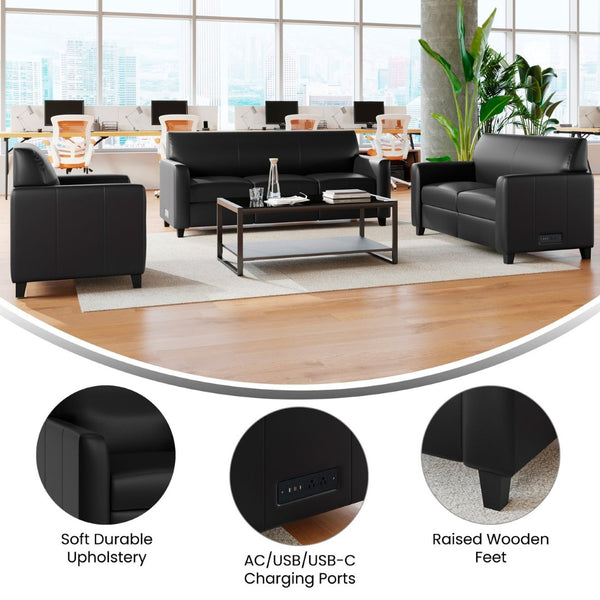 English Elm Agent 3 Piece Reception Set with Charging Ports, Plush Black LeatherSoft & Solid Wood Legs for Comfort BT-827U-SET-BLK-GG