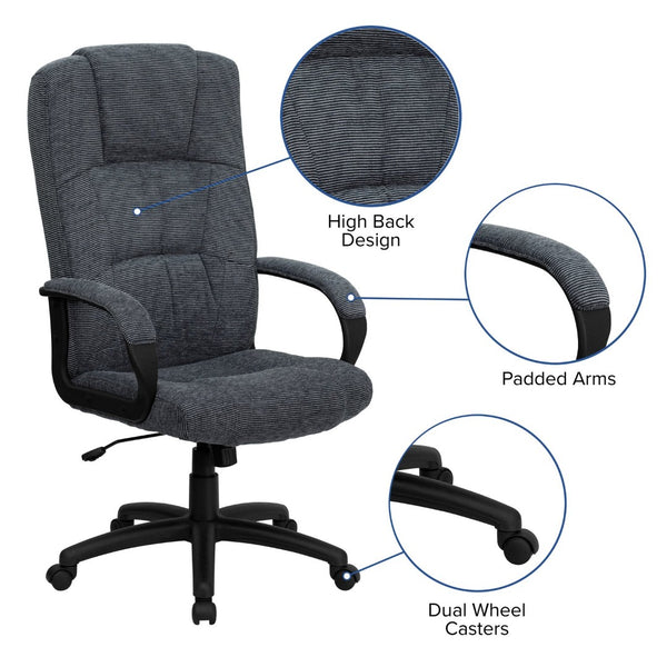 English Elm Rochelle High Back Gray Fabric Executive Office Chair - Ergonomic Comfort & Full Mobility Features! BT-9022-BK-GG