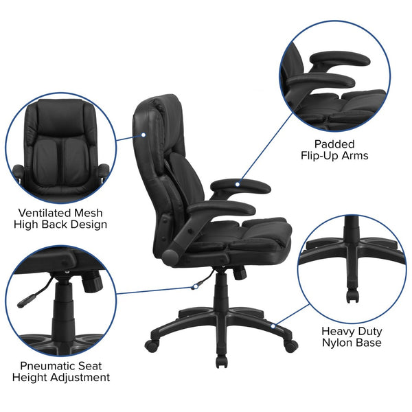 English Elm Hansel Ergonomic High-Back Executive Office Chair in Black LeatherSoft with Adjustable Flip-Up Arms BT-90275H-GG