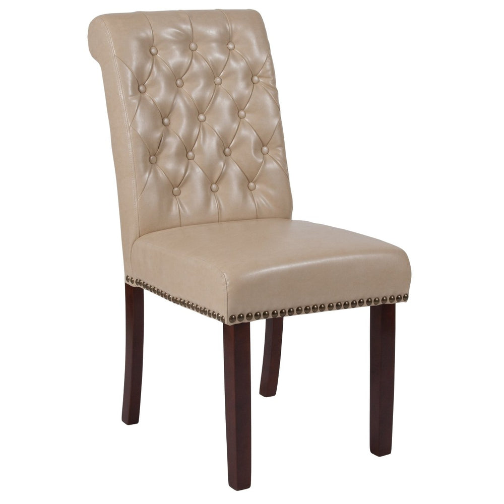 English Elm HERCULES Parsons Chair with Rolled Back, Brass Nailhead Trim & Walnut Finish for Elegant Living Spaces Beige LeatherSoft BT-P-BG-LEA-GG