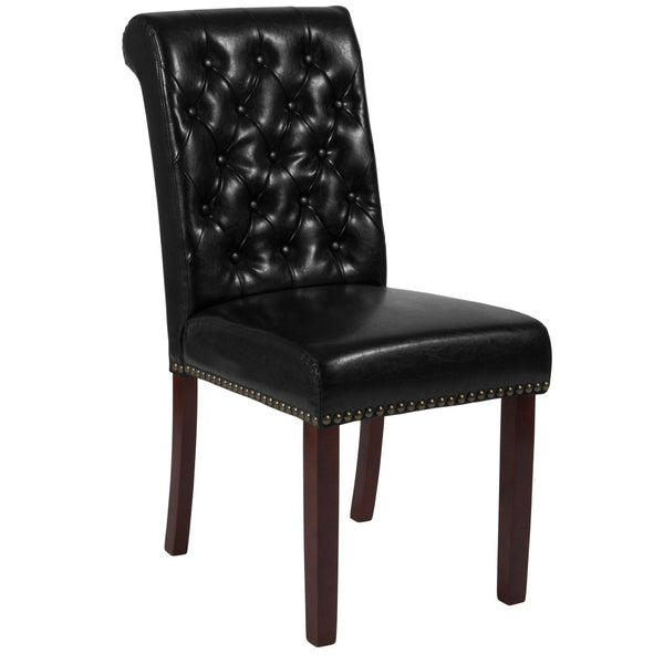 English Elm HERCULES Parsons Chair with Rolled Back, Brass Nailhead Trim & Walnut Finish for Elegant Living Spaces Black LeatherSoft BT-P-BK-LEA-GG