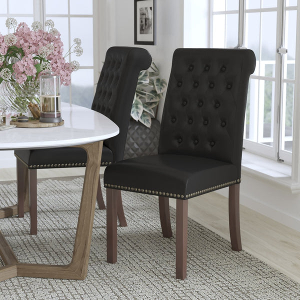 English Elm HERCULES Parsons Chair with Rolled Back, Brass Nailhead Trim & Walnut Finish for Elegant Living Spaces Black LeatherSoft BT-P-BK-LEA-GG