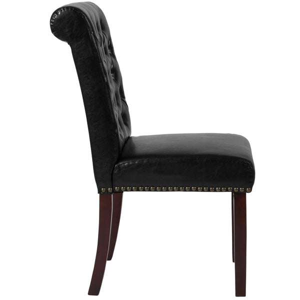 English Elm HERCULES Parsons Chair with Rolled Back, Brass Nailhead Trim & Walnut Finish for Elegant Living Spaces Black LeatherSoft BT-P-BK-LEA-GG