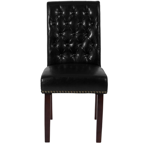 English Elm HERCULES Parsons Chair with Rolled Back, Brass Nailhead Trim & Walnut Finish for Elegant Living Spaces Black LeatherSoft BT-P-BK-LEA-GG
