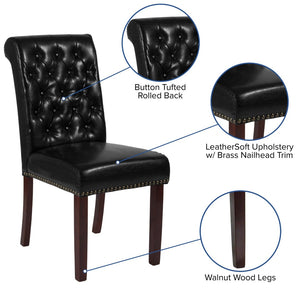 English Elm HERCULES Parsons Chair with Rolled Back, Brass Nailhead Trim & Walnut Finish for Elegant Living Spaces Black LeatherSoft BT-P-BK-LEA-GG