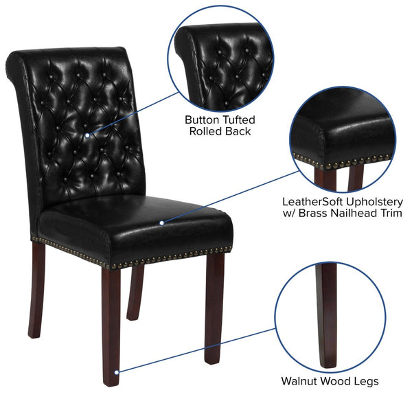 English Elm HERCULES Parsons Chair with Rolled Back, Brass Nailhead Trim & Walnut Finish for Elegant Living Spaces Black LeatherSoft BT-P-BK-LEA-GG