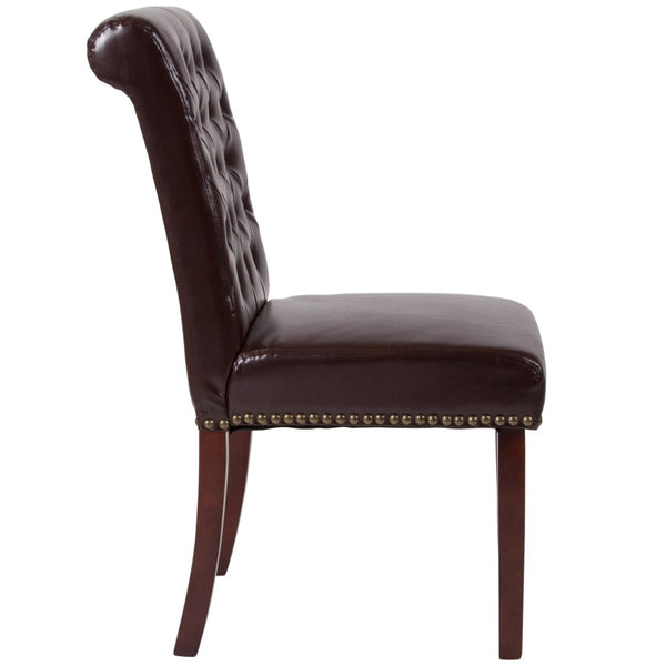English Elm HERCULES Parsons Chair with Rolled Back, Brass Nailhead Trim & Walnut Finish for Elegant Living Spaces Brown LeatherSoft BT-P-BRN-LEA-GG