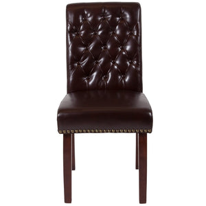 English Elm HERCULES Parsons Chair with Rolled Back, Brass Nailhead Trim & Walnut Finish for Elegant Living Spaces Brown LeatherSoft BT-P-BRN-LEA-GG
