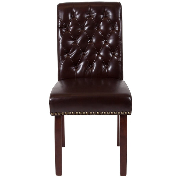 English Elm HERCULES Parsons Chair with Rolled Back, Brass Nailhead Trim & Walnut Finish for Elegant Living Spaces Brown LeatherSoft BT-P-BRN-LEA-GG