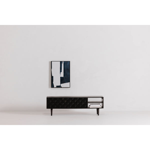 Moe's Home Pablo Mid-century Entertainment Unit In Solid Sheesham Wood With Unique Carved Cabinet Doors Black Solid Sheesham,Carved Sheesham Wood Doors On Mdf Bz-1040-02