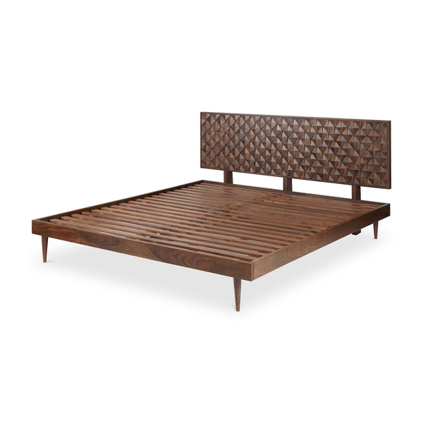 Moe's Home Pablo Bed - Exquisite Solid Sheesham Wood With Handcrafted Carved Headboard For Timeless Elegance Brown Solid Sheesham,Carved Sheesham Wood Headboard On Mdf Bz-1132-03-0