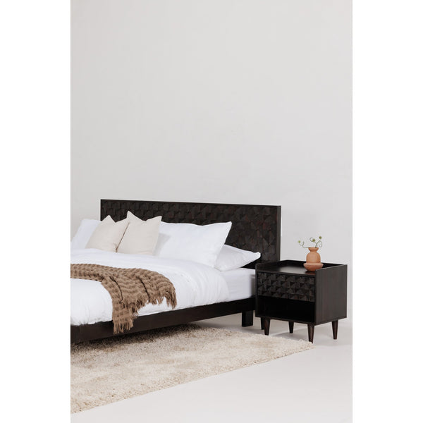 Moe's Home Pablo Bed - Exquisite Solid Sheesham Wood With Handcrafted Carved Headboard For Timeless Elegance Black Solid Sheesham,Carved Sheesham Wood Headboard On Mdf Bz-1133-02-0