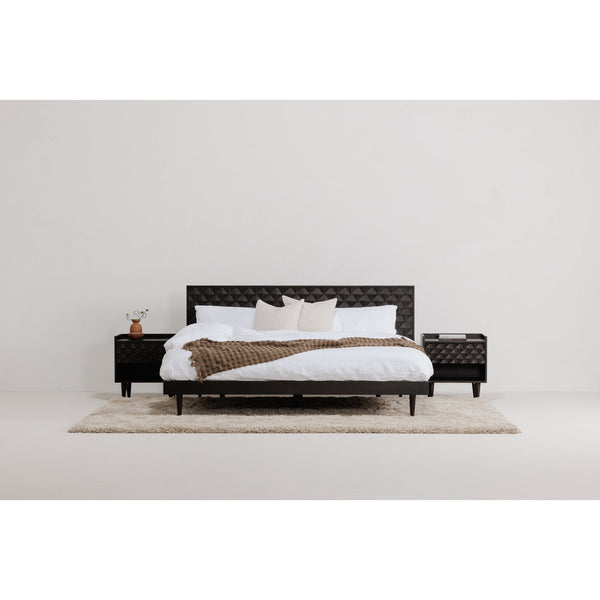 Moe's Home Pablo Bed - Exquisite Solid Sheesham Wood With Handcrafted Carved Headboard For Timeless Elegance Black Solid Sheesham,Carved Sheesham Wood Headboard On Mdf Bz-1133-02-0