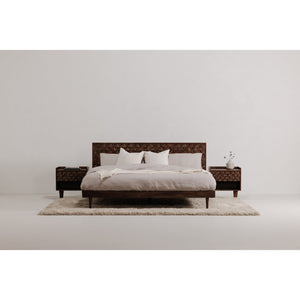 Moe's Home Pablo Bed - Exquisite Solid Sheesham Wood With Handcrafted Carved Headboard For Timeless Elegance Brown Solid Sheesham,Carved Sheesham Wood Headboard On Mdf Bz-1133-03-0