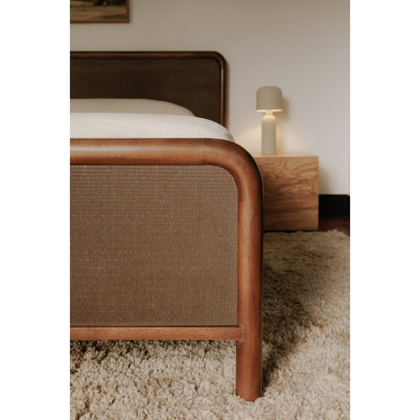 Moe's Home Rye Bed - Exquisite Warm Brown Mango Wood Frame With Durable Tatami Mat Headboard & Footboard Brown Solid Mango Wood Frame,Tatami Mat Over Mdf Headboard And Footboard Bz-1146-03-0