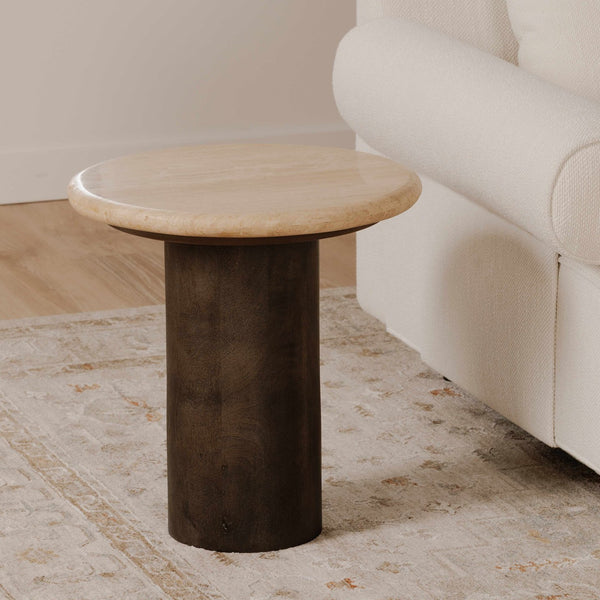 Moe's Home Landon Accent Table With Unique Turkish Travertine Top And Stylish Mango Wood Base For Any Space Beige Turkish Beige Travertine,Mango Wood Bz-1154-34