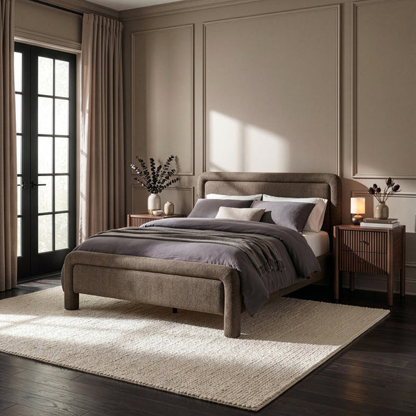 Meridian Furniture Baylor Queen Upholstered Bed Chenille Fabric Curved Headboard Modern Bedroom Focal Point Brown BaylorBrown-Q