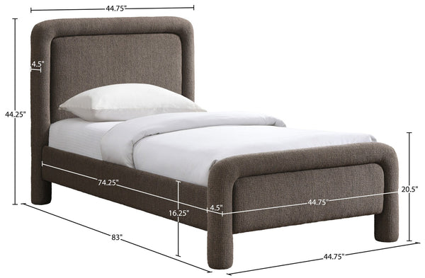 Meridian Furniture Baylor Chenille Upholstered Twin Bed Curved Headboard Contemporary Bedroom Style and Comfort Brown BaylorBrown-T