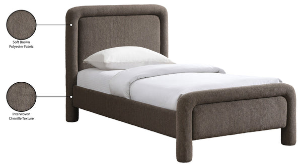 Meridian Furniture Baylor Chenille Upholstered Twin Bed Curved Headboard Contemporary Bedroom Style and Comfort Brown BaylorBrown-T