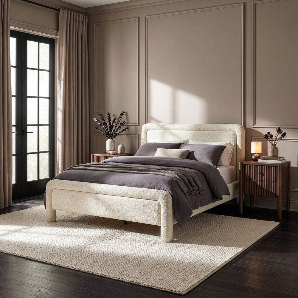 Meridian Furniture Baylor Chenille Woven Upholstered Full Bed Soft Curved Headboard Transitional Bedroom Frame Cream BaylorCream-F