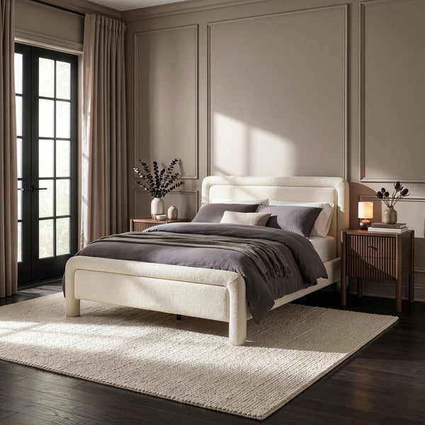 Meridian Furniture Baylor Queen Upholstered Bed Chenille Fabric Curved Headboard Modern Bedroom Focal Point Cream BaylorCream-Q