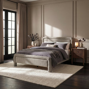 Meridian Furniture Baylor Queen Upholstered Bed Chenille Fabric Curved Headboard Modern Bedroom Focal Point Taupe BaylorTaupe-Q