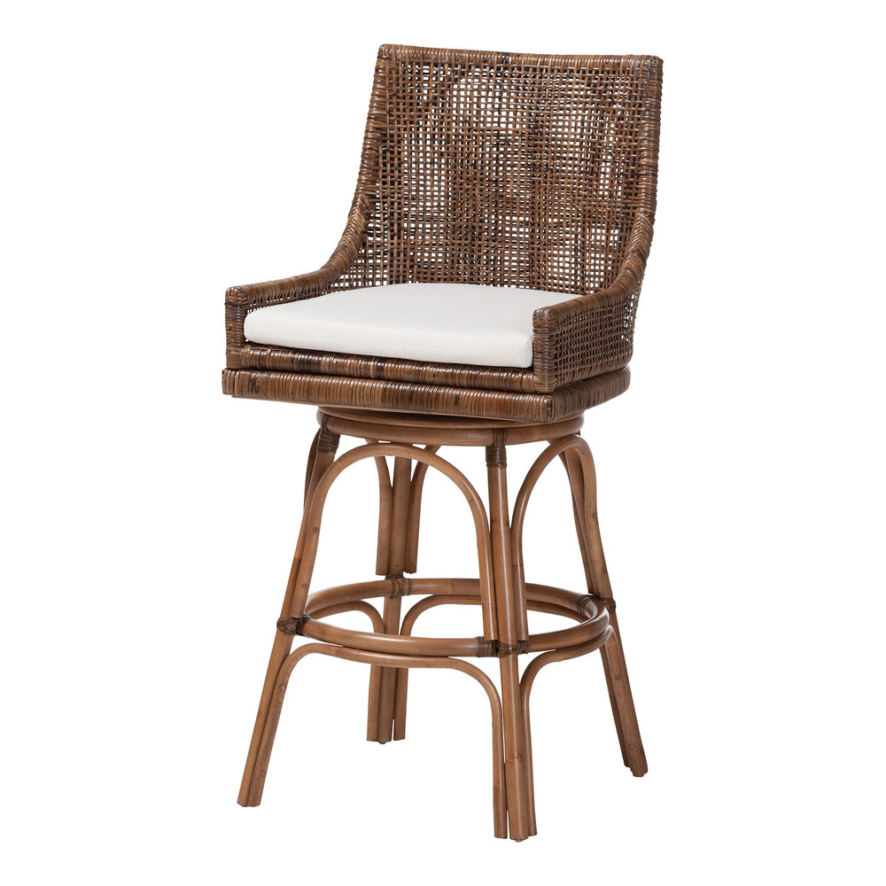 Baxton Studio Bali & Pari Bella Handwoven Rattan Swivel Barstool with Cushion and Footrest Bella-Coffee Antique/Rattan-BS