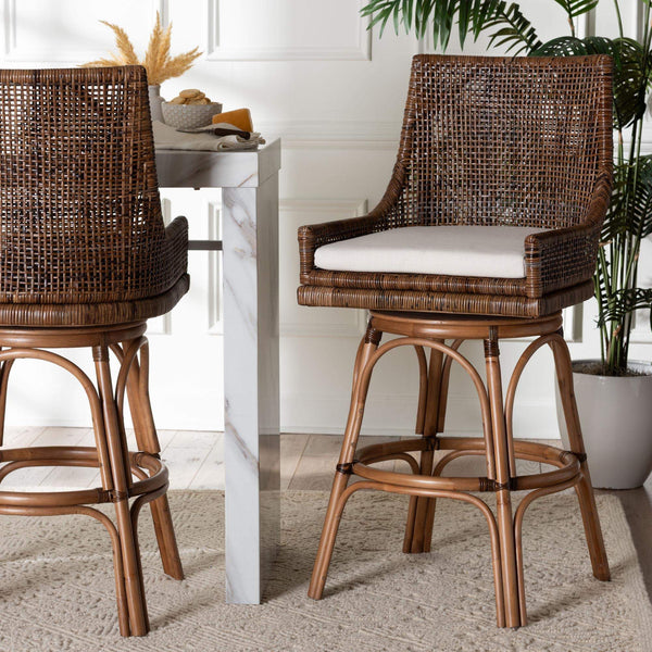 Bali & Pari Bella Handwoven Rattan Swivel Barstool with Cushion and Footrest