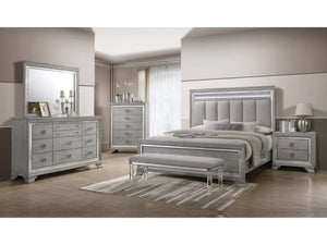 English Elm Modern Glam Upholstered Headboard Queen Bed with LED Lighting and Mirrored Accent Trim for Luxe Bedroom Décor Light Gray 67 L x 50 W x 6.25 H B011S00738