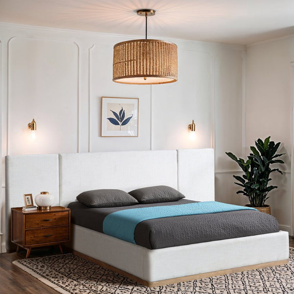 Meridian Furniture Bennet Wingback Full Bed Upholstered Linen Frame with Cognac Leather Strap Detail Headboard 108 inches BennetCream-F108
