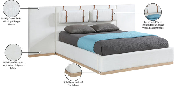 Meridian Furniture Bennet Wingback King Bed Linen Upholstered with Leather Strap Cushions for Elegant Bedroom Style 130 inches BennetCream-K130
