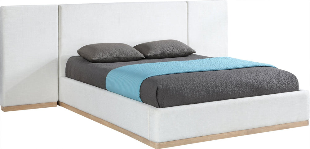 Meridian Furniture Bennet Wingback King Bed Linen Upholstered with Leather Strap Cushions for Elegant Bedroom Style 130 inches BennetCream-K130