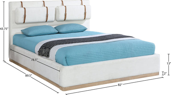 Meridian Furniture Bennet Wingback King Bed Linen Upholstered with Leather Strap Cushions for Elegant Bedroom Style 82 inches BennetCream-K