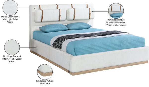 Meridian Furniture Bennet Wingback King Bed Linen Upholstered with Leather Strap Cushions for Elegant Bedroom Style 82 inches BennetCream-K