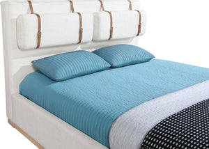 Meridian Furniture Bennet Wingback King Bed Linen Upholstered with Leather Strap Cushions for Elegant Bedroom Style 82 inches BennetCream-K