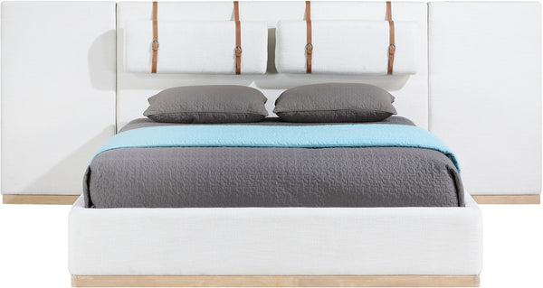 Meridian Furniture Bennet Queen Platform Bed Linen Upholstered Solid Wood Base with Architectural Wingback Headboard 114 inches BennetCream-Q114